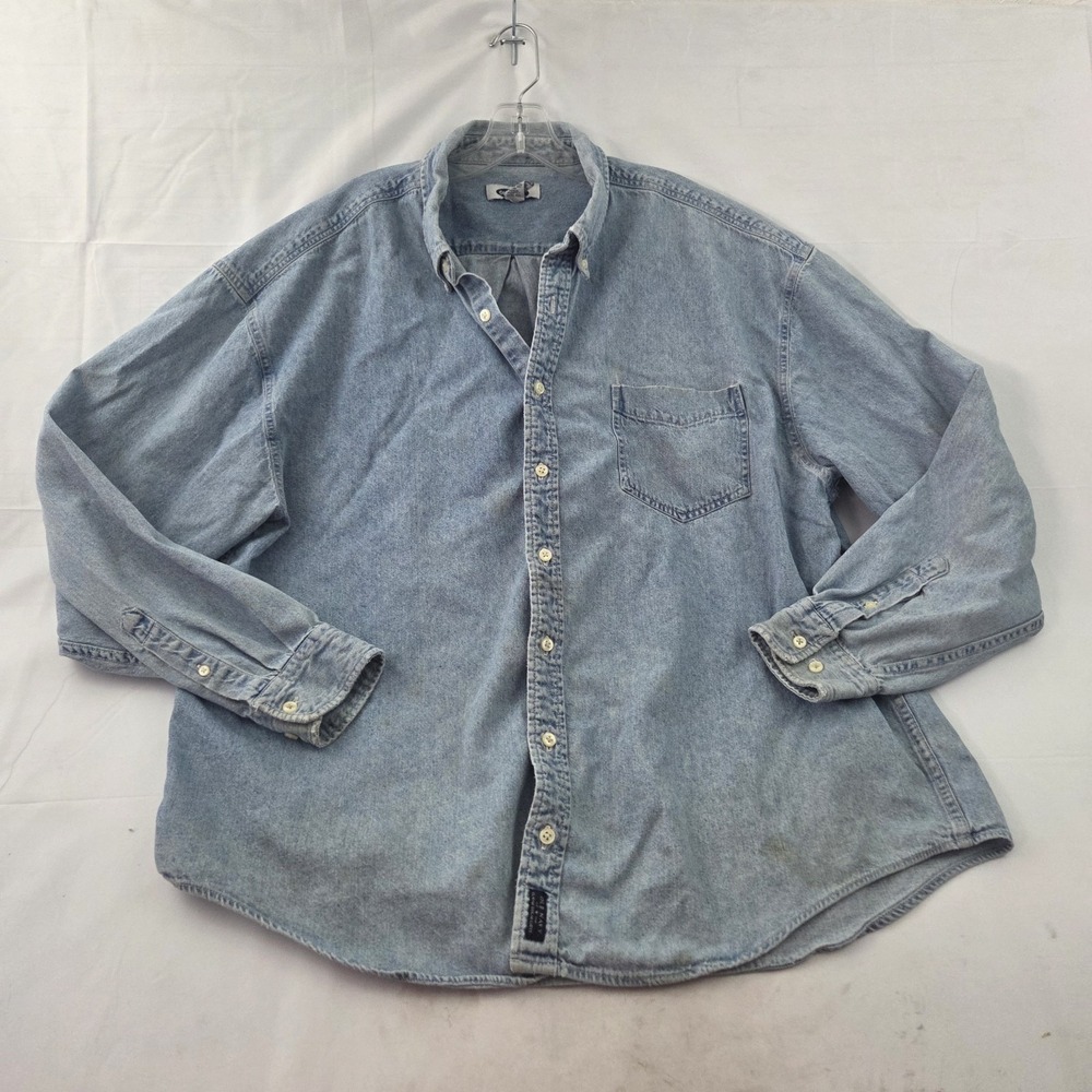Old Navy Denim Shirt Mens 2XL Distressed Faded Button Up Workwear 90s Grunge